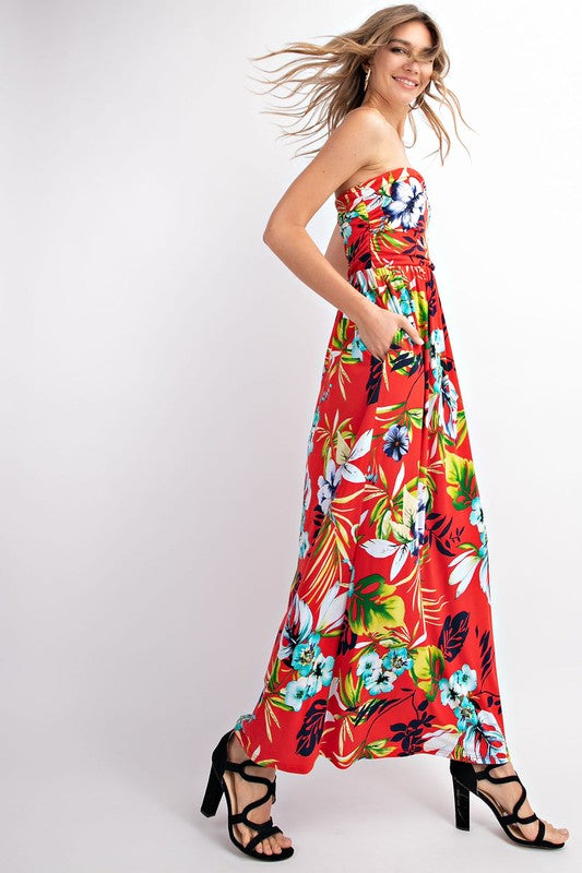 Red Strapless Tropical Summer Maxi ...